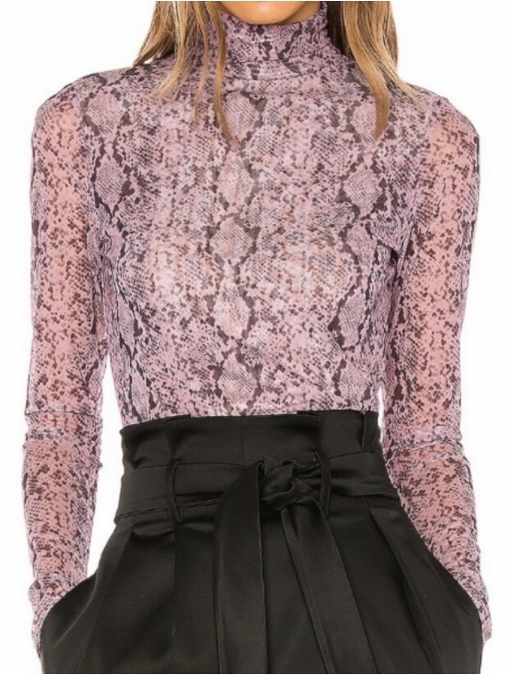 Cing a Sept Purple Snakeskin Mesh Long Sleeve Turtleneck Top